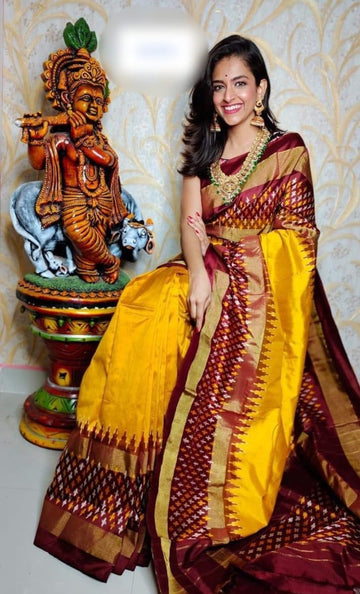 Pochampally-Ikkat-Silk-Yellow-Chocolate-Sari-Weavesarees.com
